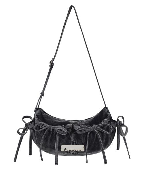 워시드 리본 데님 숄더백 블랙