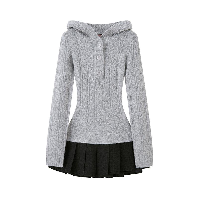 FESTIVE HODDED SWEATER DRESS WITH PLEATED SKIRT - Gray / XS