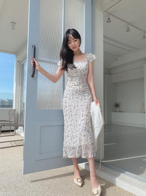 자체제작 플라워 쉬폰 잔꽃무늬 스퀘어넥 머메이드 롱 원피스 (무지 버전 추가)