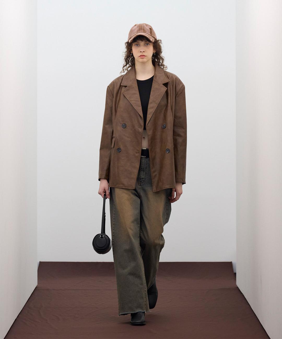 85-VIVAJ001 [Vegan Leather] Vintage Shape Half Leather Jacket Brown