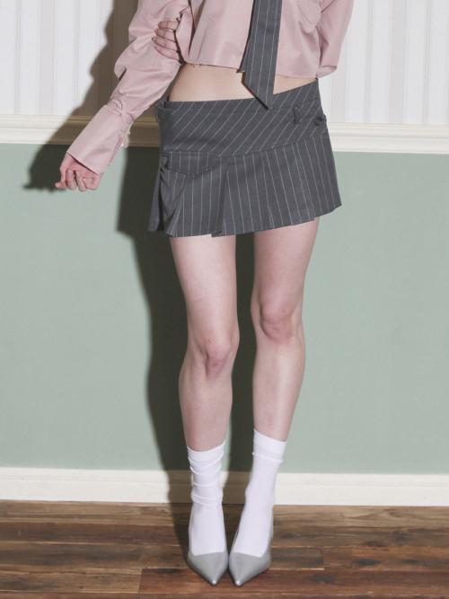 Striped Pleated Wrap Skirt (Grey)