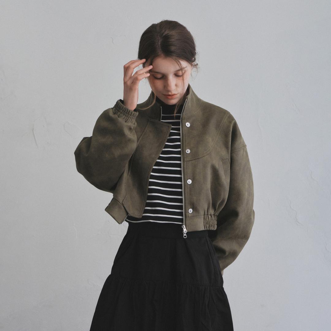 라운드 크롭 레더 자켓_Olive Shade