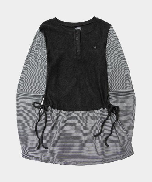 투톤 배색 셔링 레이어드 나그랑 롱 슬리브리스 원피스 [블랙]