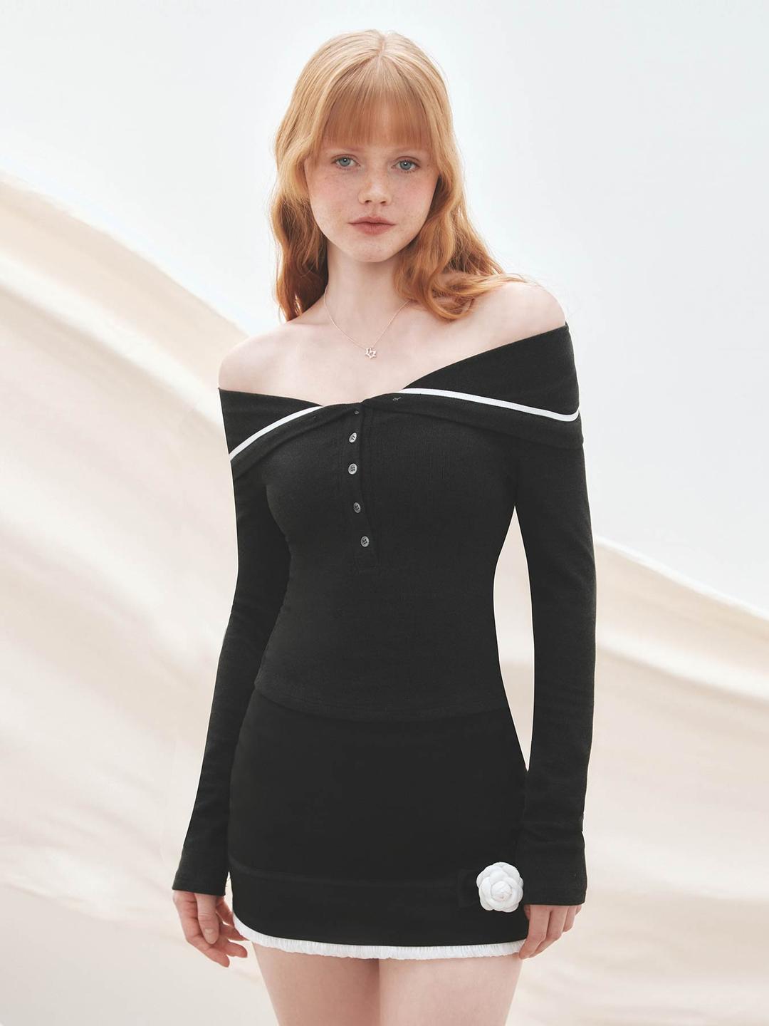 [MESS STUDIO] Sailor Collar Off-Shoulder Crop Knit
