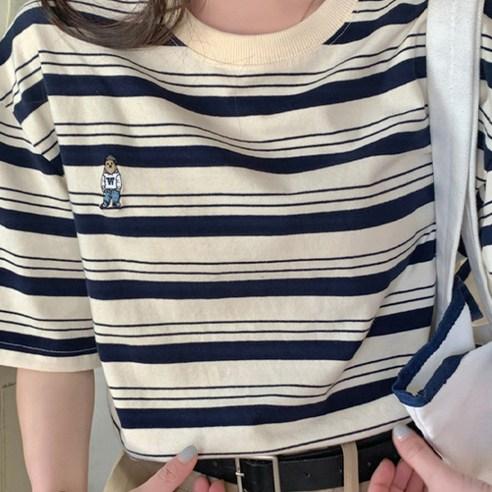 데일로엔 여성용 곰돌이 자수 줄무늬 반팔티셔츠 - 상의류 | 쿠팡