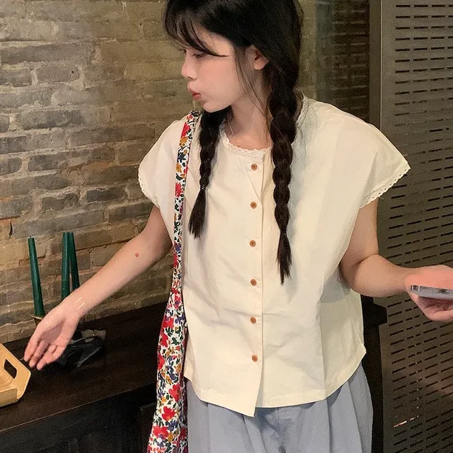 더벤 펀칭 레이스 반팔 블라우스 /2 Color