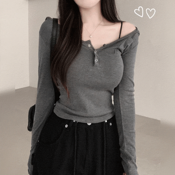 [ 힙여리🖤] 오프숄더 또또단추 크롭 셔링 후드긴팔티