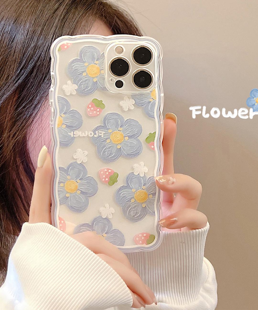 핑크리어카 투명 딸기 플라워 아이폰 풀커버 물결 테두리 투명 귀여운 봄 심플 우정 실리콘 젤리 핸드폰 휴대폰 애플 폰 케이스 아이폰케이스 X 11 프로 12 미니 13 14 15 프로맥스