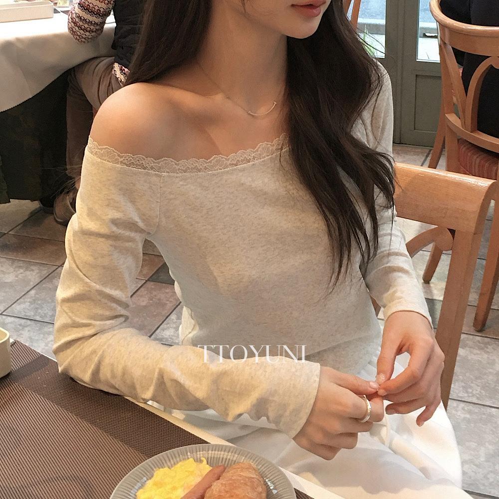 떠유니 (아이당일) 베지터블 vegetable 로젤 보트넥 레이스 티셔츠 긴팔 봄신상 떠유니