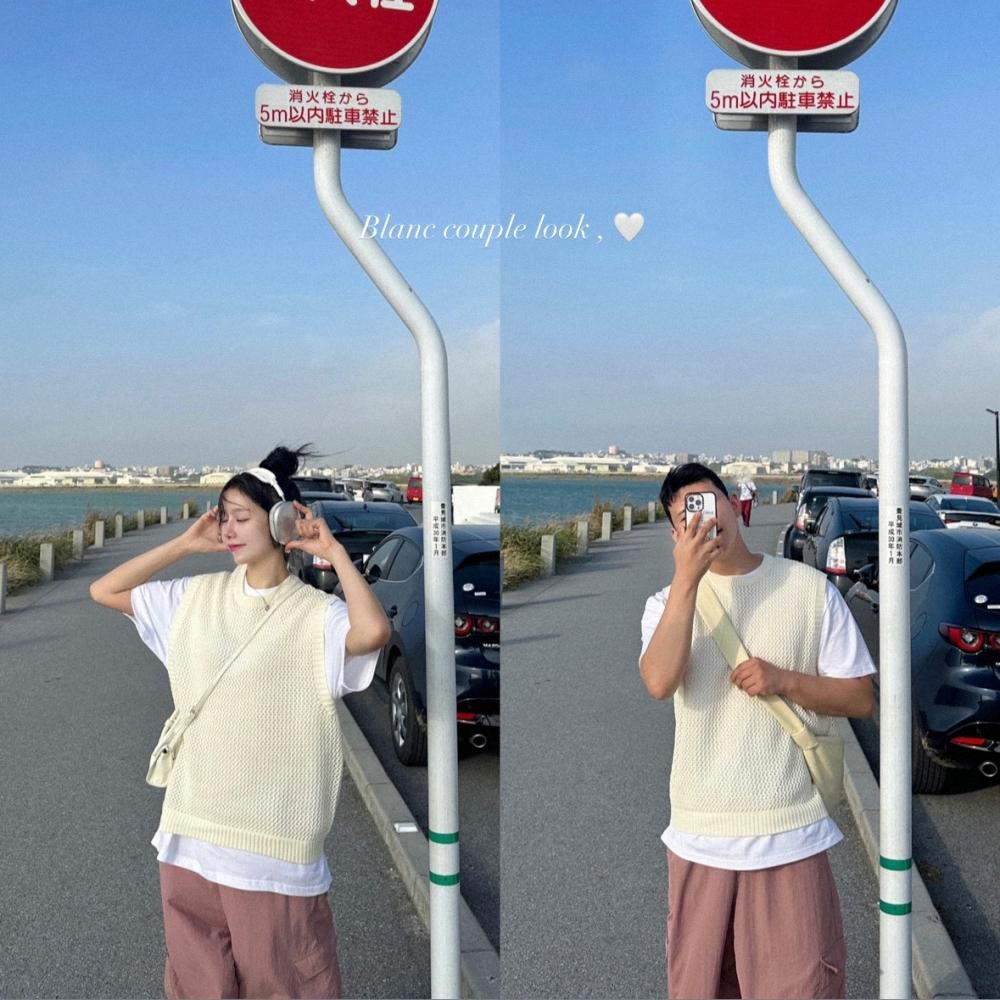 커플 펀칭 조끼 핑크 카고 나일론 팬츠 데이트룩 꾸안꾸 코디 여름 커플시밀러룩