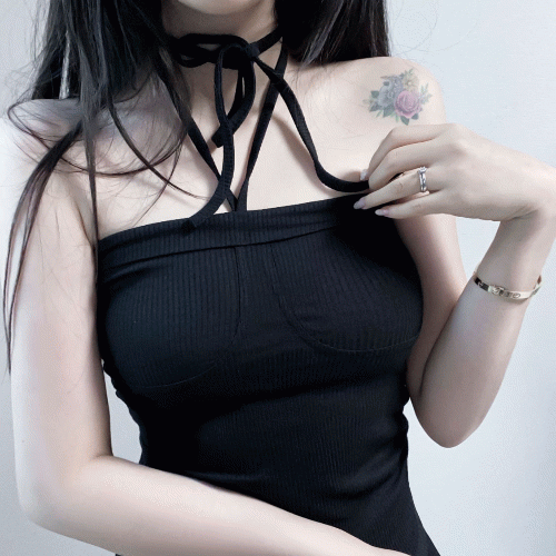 [핏예쁨/2color] 홀터넥 리본 크롭 탑 포켓 슬리브리스