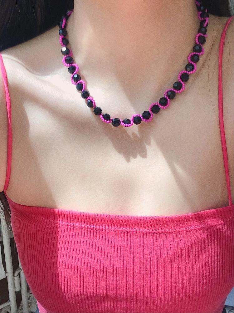 마스마스 marsmars 블랙 크리스탈 핑크 웨이브 목걸이 black crystal pink wave necklace