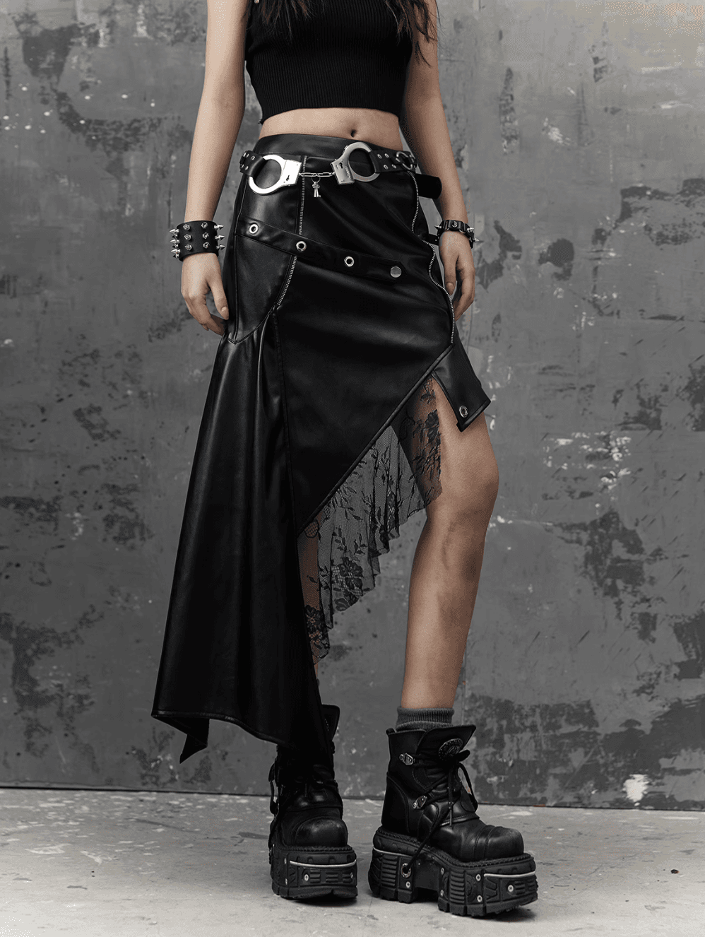 Asymmetrical leather spatchwork metallic PU skirt FRU0031