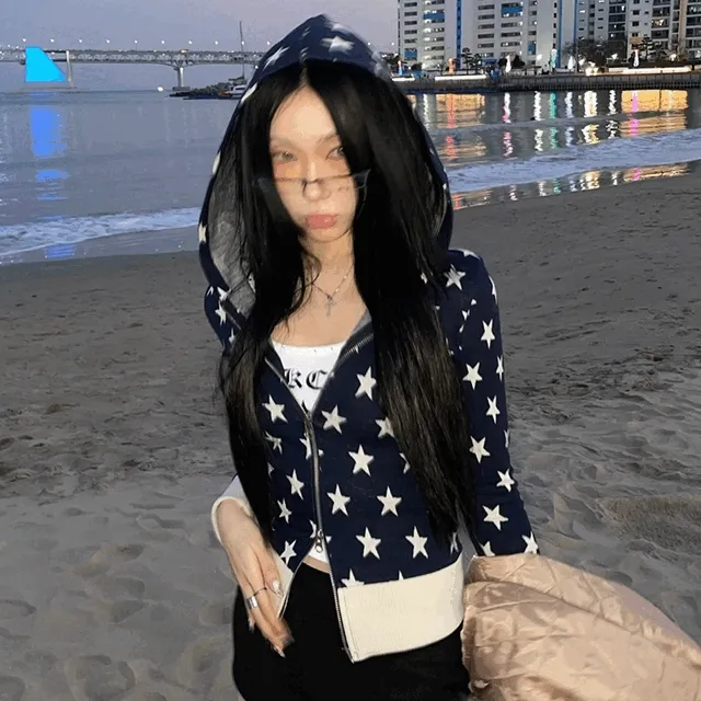 [MD소장/인기상품] y2k star pattern slim crop hood zip-up / y2k 별 스타 패턴 슬림 크롭 후드 집업