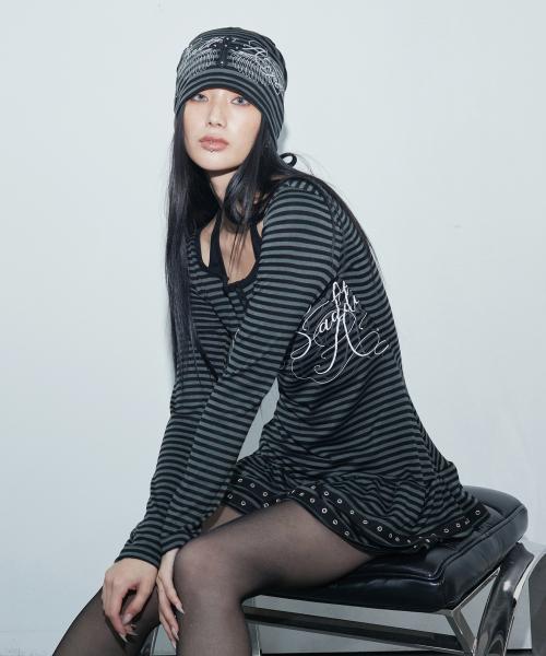 BADDIE ANGEL HALTERNECK DRESS_BLACK STRIPE