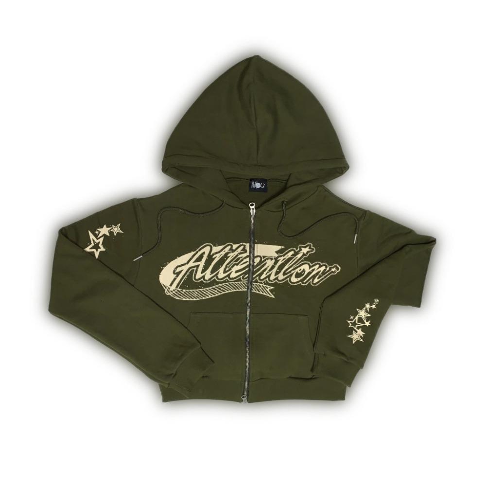 Attention crop hoodie zip up    [ Khaki ]