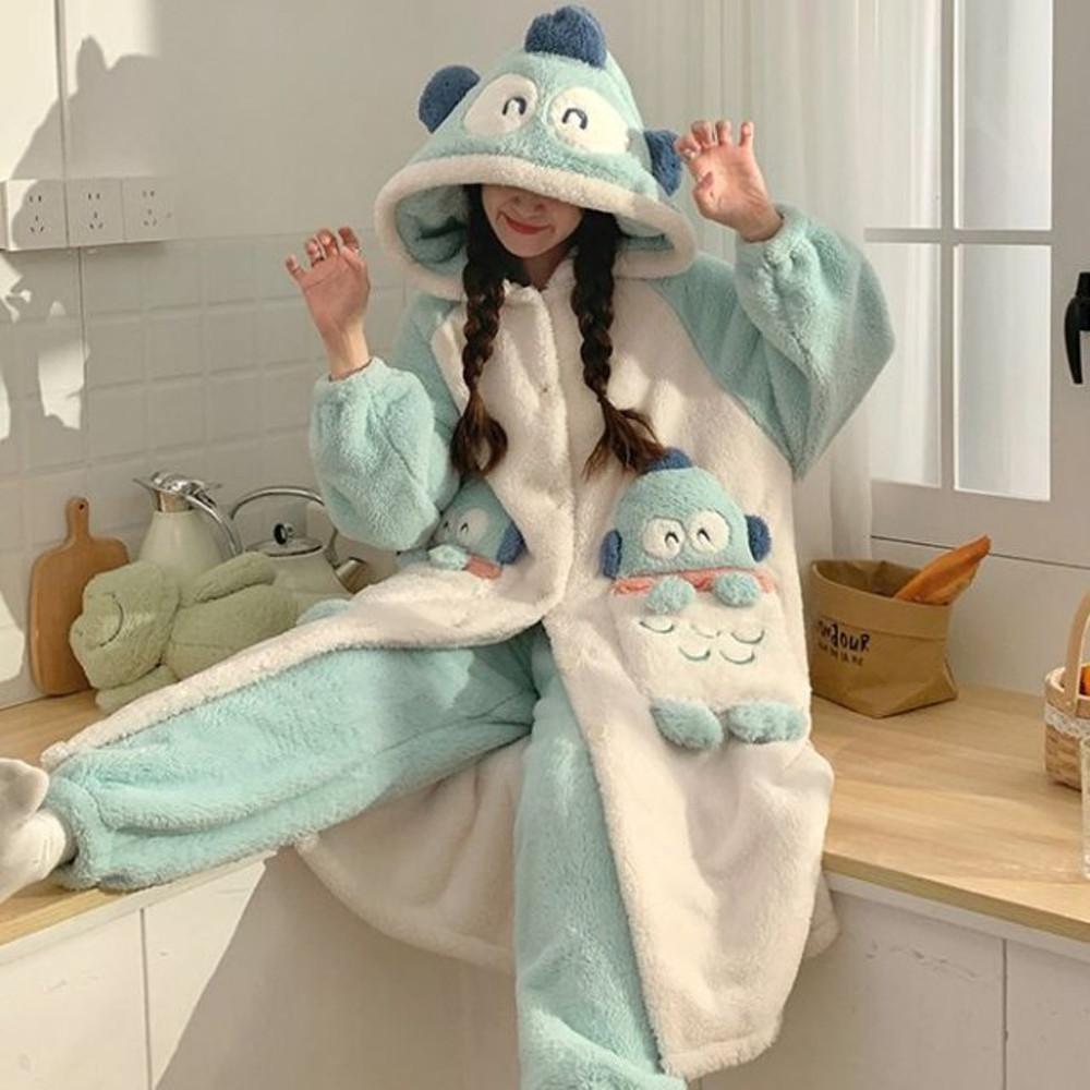 잠옷 가운 겨울 극세사 홈웨어 긴팔 파자마 상어 동물잠옷 수면 바지 세트