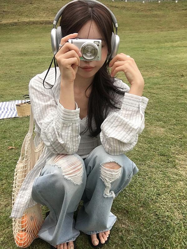 프렌치오브 [💗오픈세일10%][MADE/살안타템]로버트 여름 스트라이프 시어서커 살안타템 오버핏 남방 셔츠