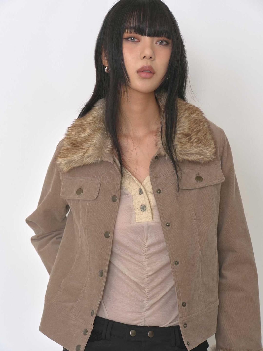 퍼카라 탈부착 골덴 자켓 - 베이지