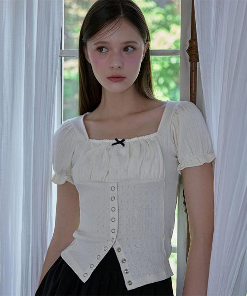 Puff Shirring Ribbon T-shirt [Cream]