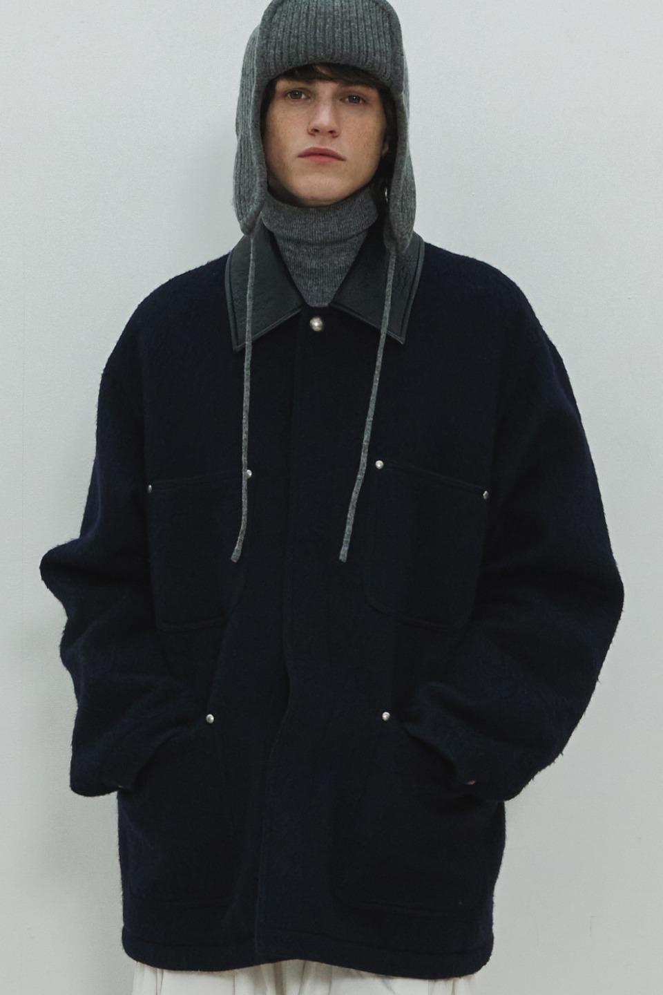 UNISEX, Studed Wool Half Coat / Navy