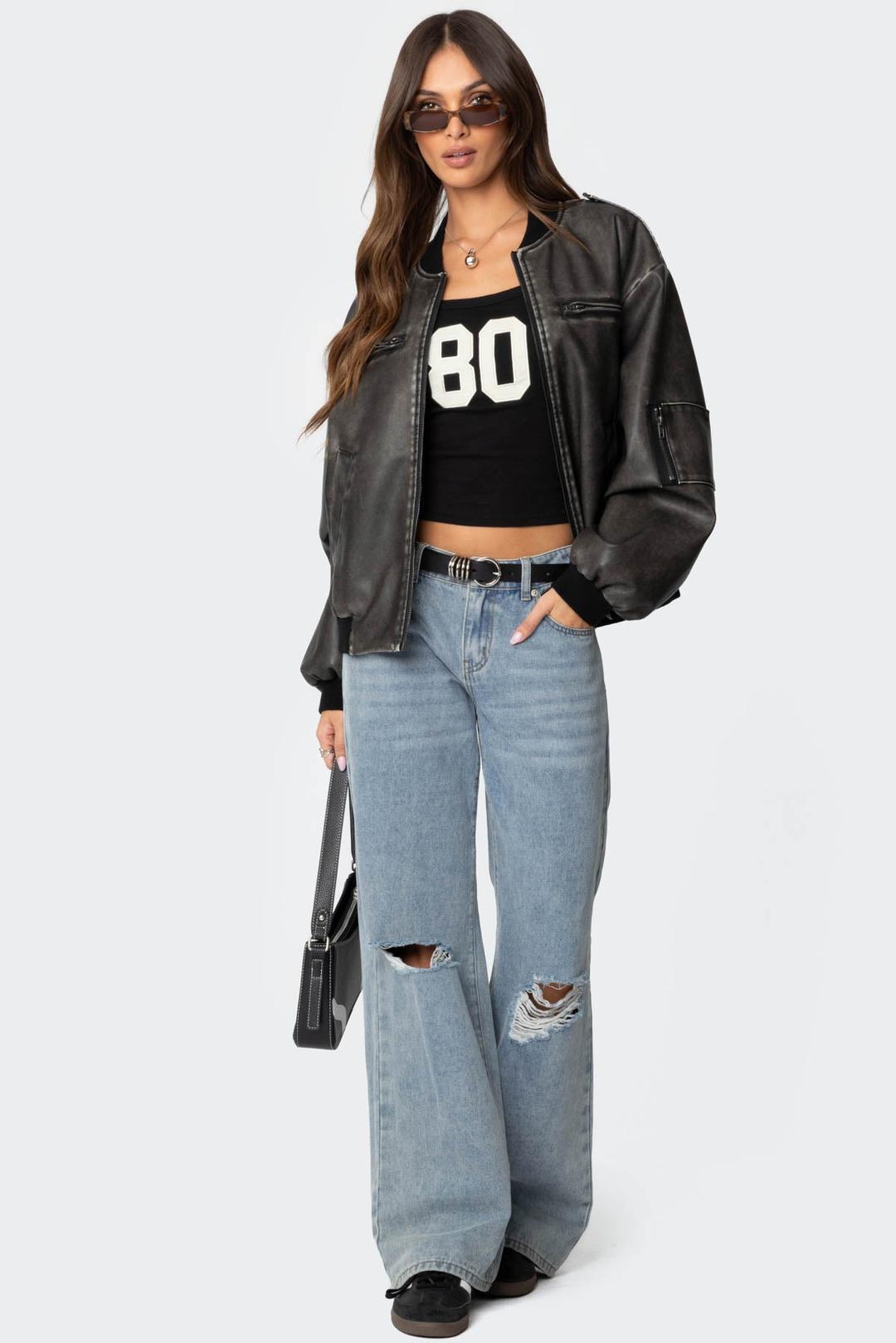 Vava Washed Faux Leather Bomber Jacket - GRAY WASHED / XS