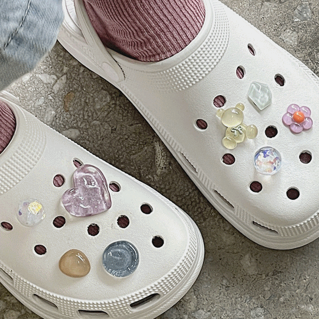 글로시 퍼플 하트 지비츠 세트 (8p) / 러블리 조약돌 핸드메이드 키치 투명 레진아트 지비츠 신발꾸미기