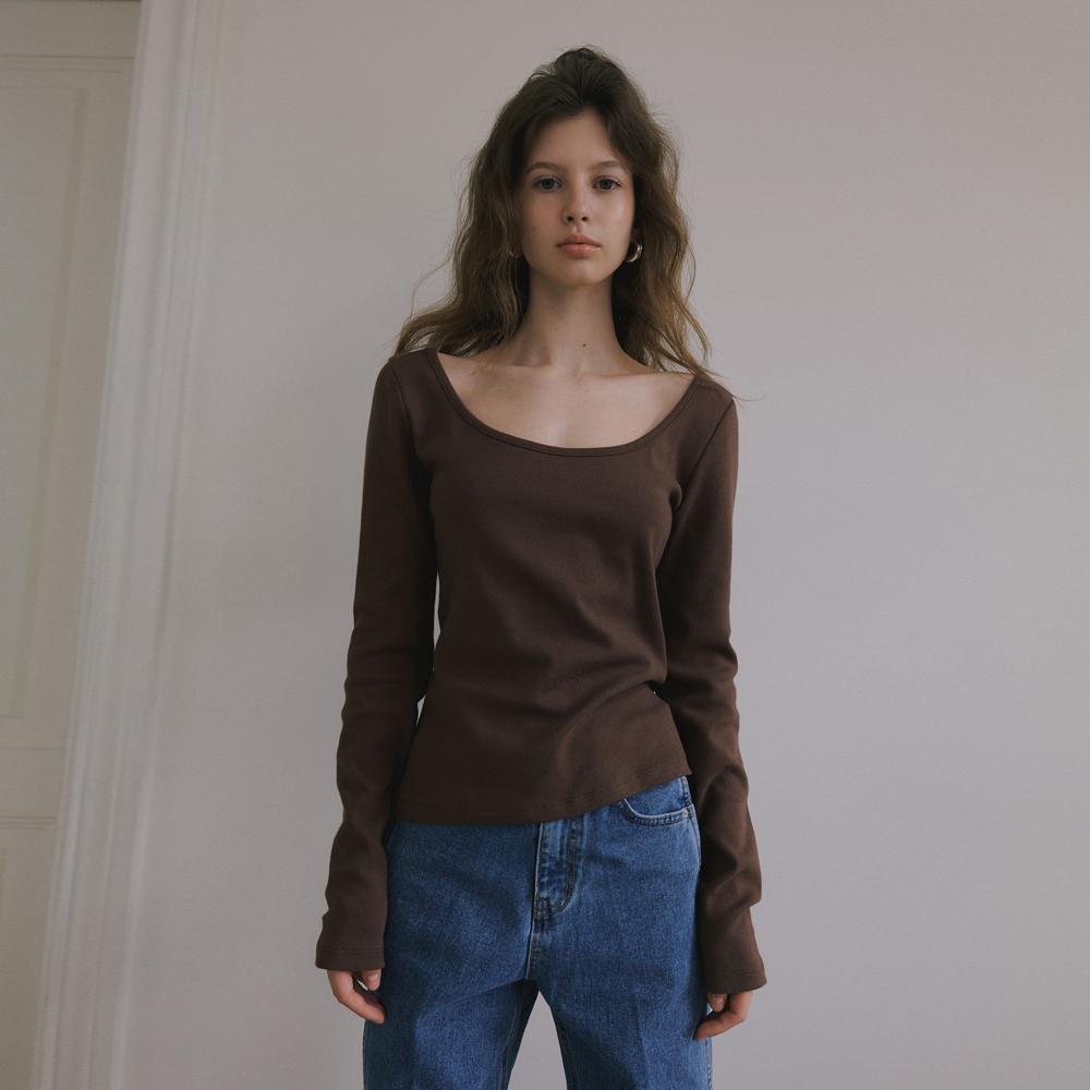 SCOOP NECK T-SHIRT_BROWN