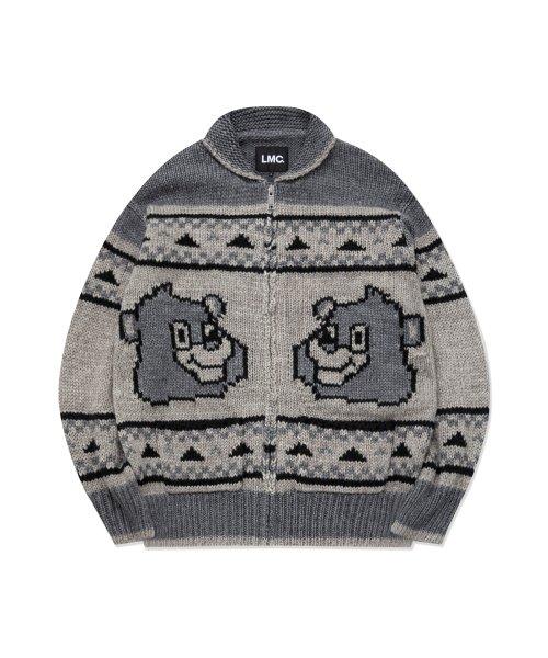 BEAR ZIP-UP COWICHAN KNIT SWEATER gray