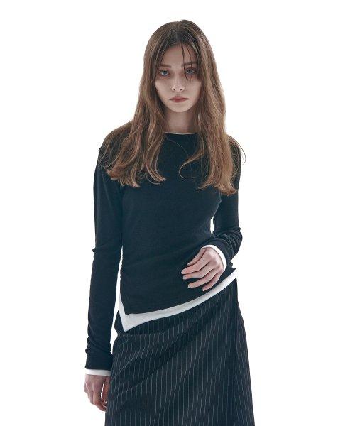 언발 셔링 더블 레이어드 롱 슬리브 티셔츠 [블랙]