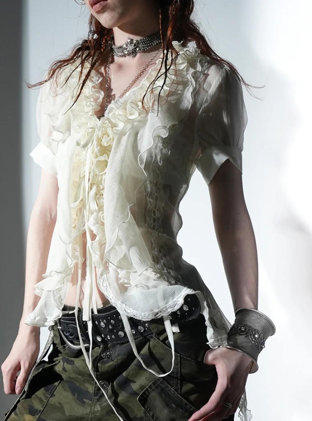 Garden Ruffle Sheer Blouse (2color)