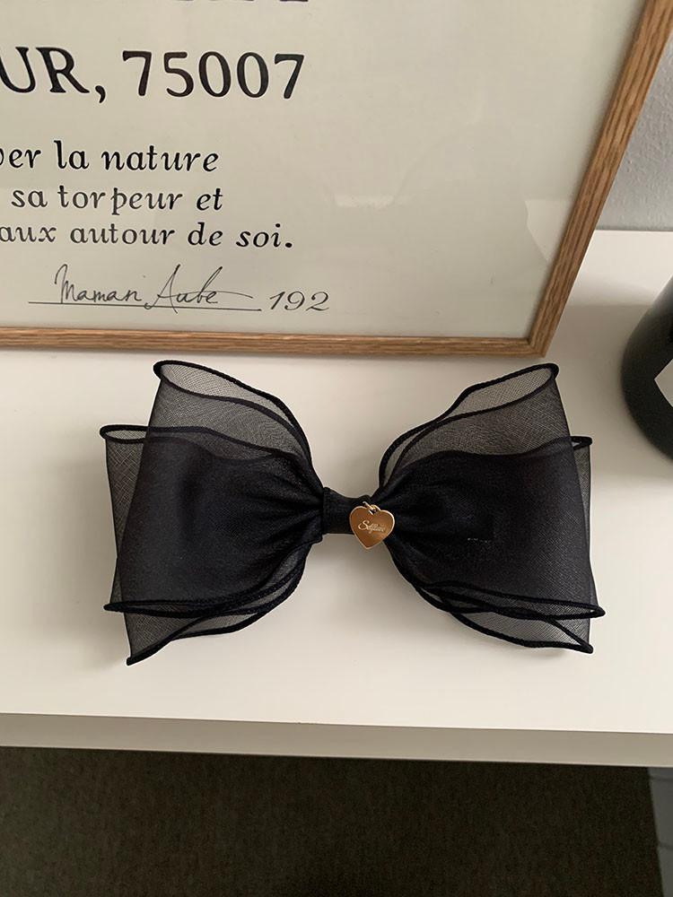 셀프러브 매트 오간디 헤어클립 - 하트 블랙리본 오간자 반묶음 올림머리 핸드메이드 리본핀