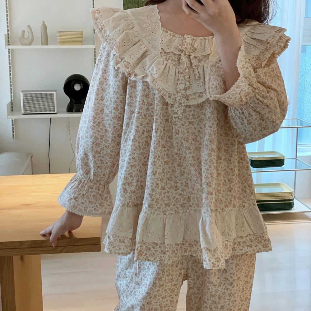 국산파자마 프리미엄잠옷 순면 베이지 플라워 스퀘어넥 레이스 프릴홈웨어