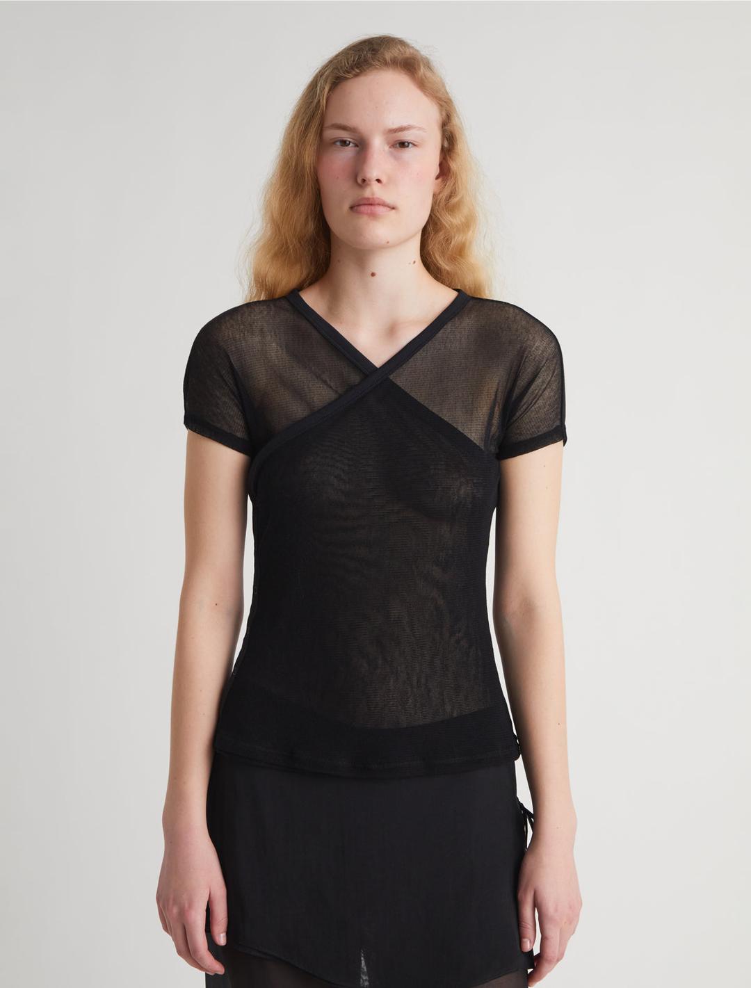 OLIMPIA-Black crossed raglan tulle top with side snap closures