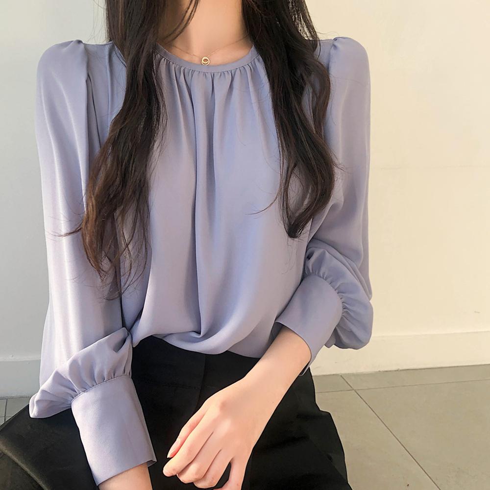 드로잉온유 [데일리/하객룩]루비 셔링 라운드넥 단추 블라우스 (베이지/퍼플/블랙/아이보리)