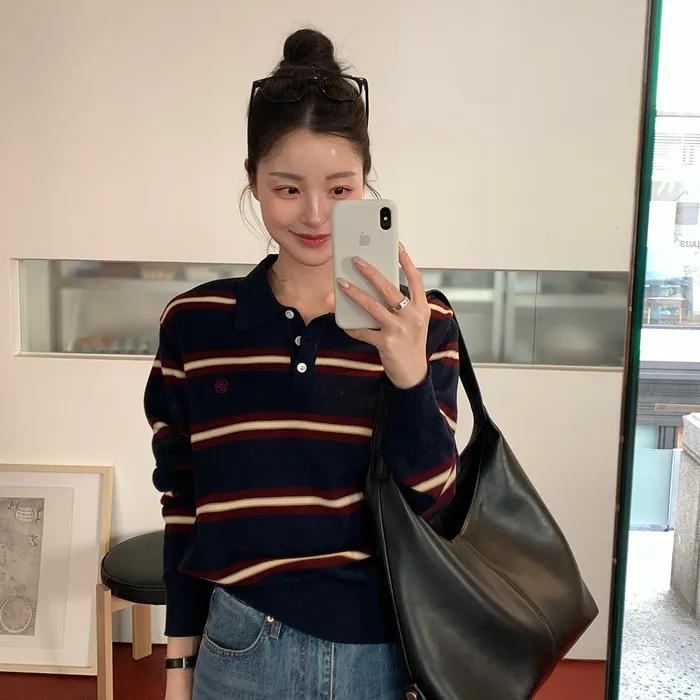 SIKN2136 클래식 스트라이프 카라 니트_Navy