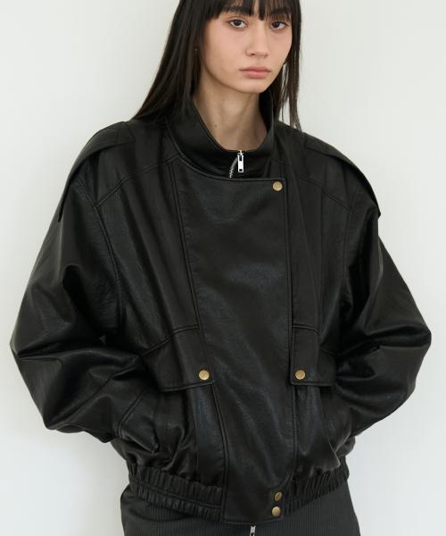 Overfit Placket Leather Blouson in Black