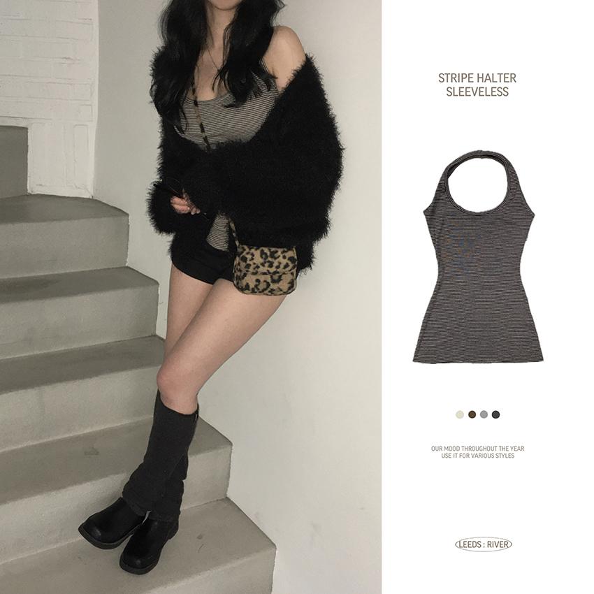 리즈리버 [*자체허리선!-3kg🤎] 단가라 홀터 나시 striped sv - 4color