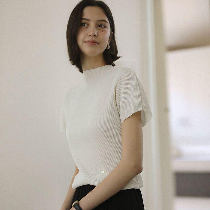 [13차-5/19예약배송]Pleated high neck short sleeve top_Ivory