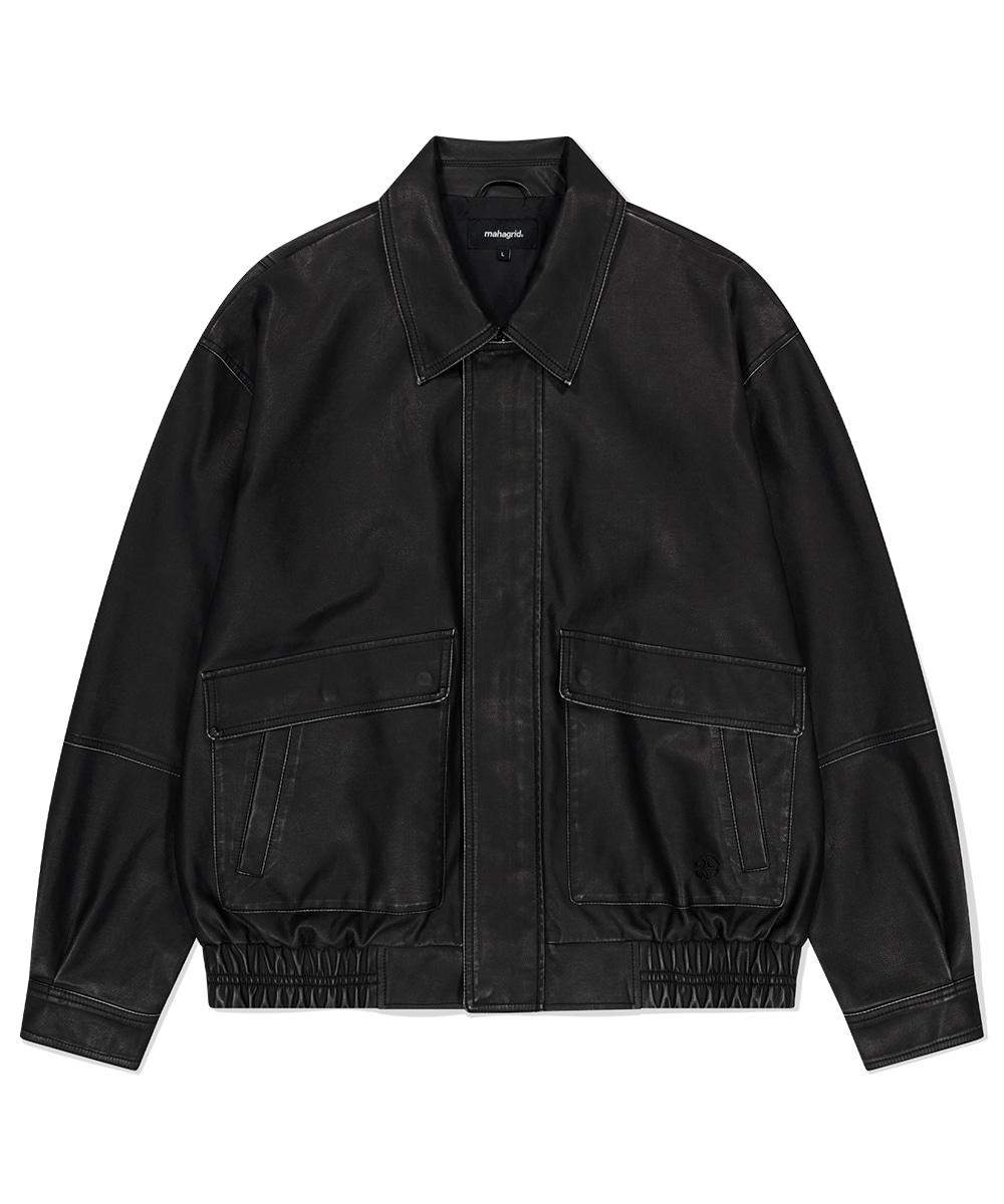WASHED FAUX LEATHER BLOUSON [BLACK]