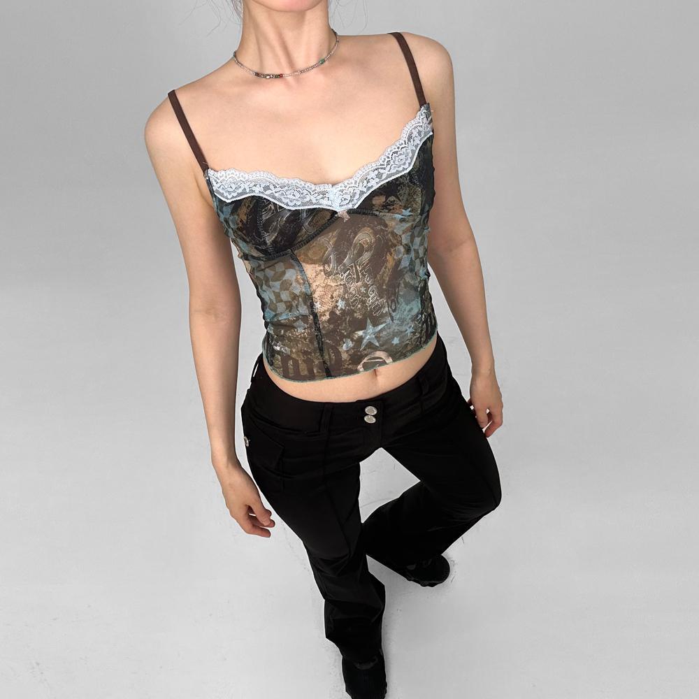 유니크 빈티지 y2k 프린팅 시스루 망사 크롭 뷔스티에