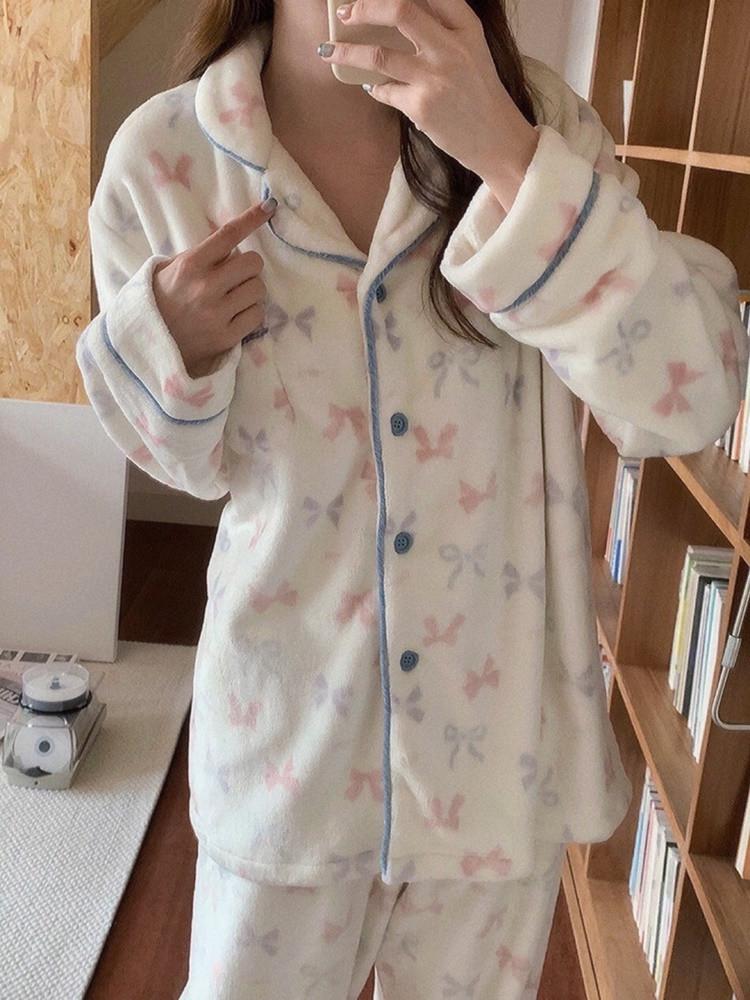 리본 여성 여자 겨울 수면 기모 극세사 잠옷 홈웨어 파자마 세트