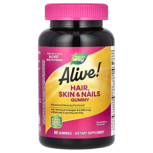 Nature's Way, Alive! 모발, 피부 & 손발톱 구미젤리, 딸기 맛, 구미젤리 60개