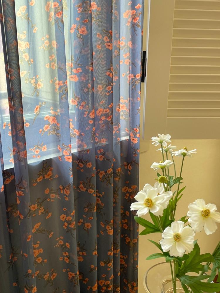 indigo blossom curtain 블루 쉬폰 플라워 커튼 빈티지 레트로 꽃무늬