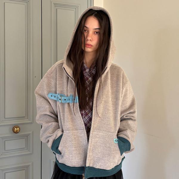 WOOL STRAP HOODED JACKET / m.khaki grey