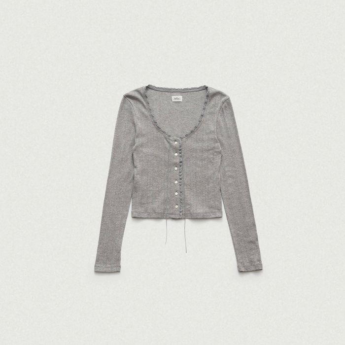 Ravioli Lace-Trim Button-Up Top (Grey)