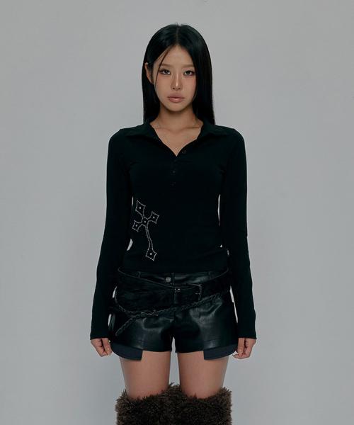 CROSS BUTTON COLLAR LONG SLEEVE_BLACK