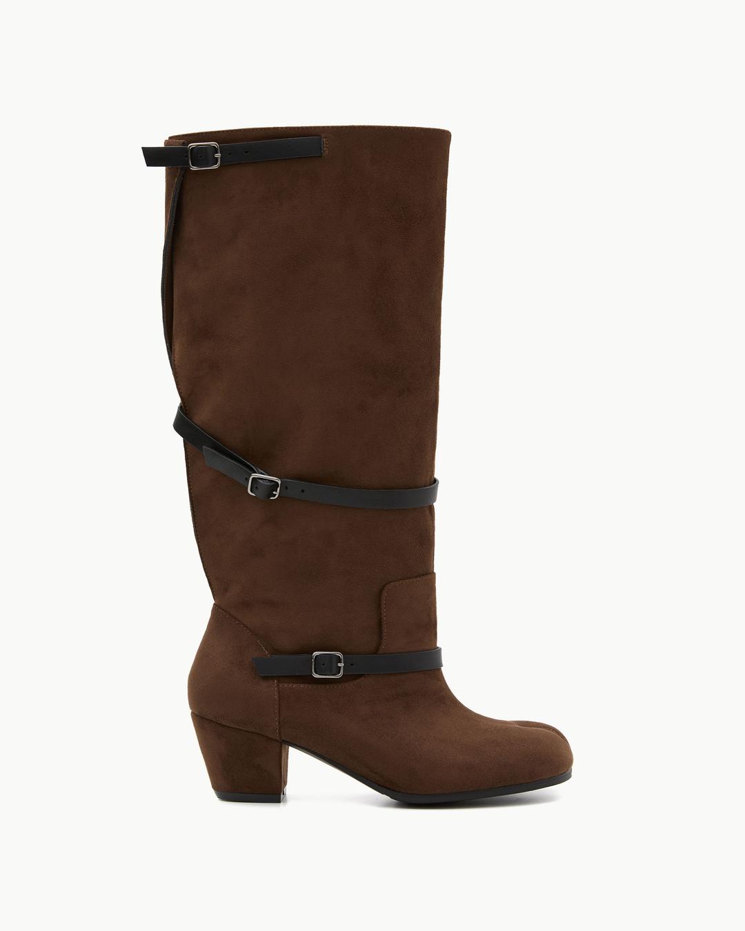 Wide Buckle Tabi Long Boots / Brown