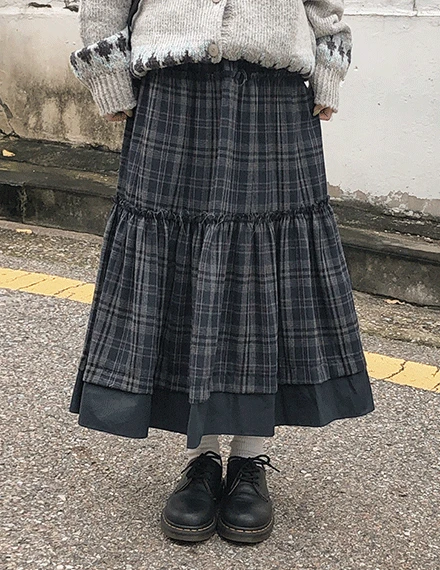 [빈티지/체크배색] 글티프 밴딩 프릴 체크 배색 롱스커트