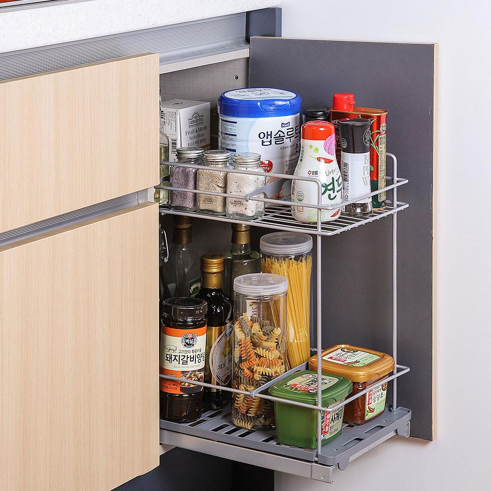 퀸넥스 뉴 슬라이딩 주방 싱크대 선반 2단200 하부장 인출식 조미료통 레일선반